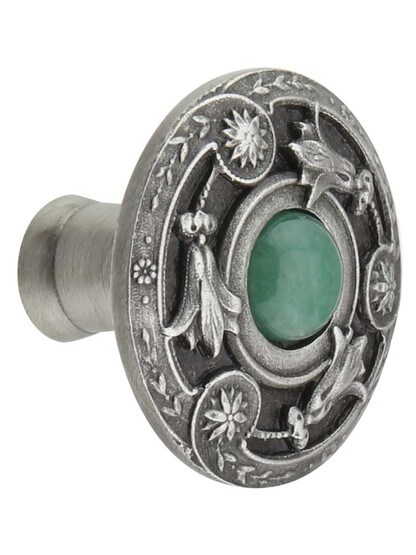 Jeweled Lily Cabinet Knob Inset with Green Aventurine - 1 1/4 inch Diameter in Antique Pewter.